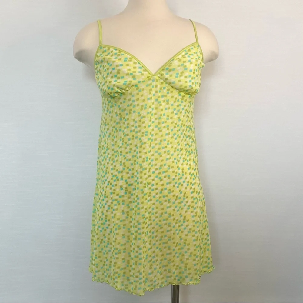 Y2K Victoria’s Secret Micro Mesh Lemon Lime Yellow Print Babydoll Slip Dress L - Picture 2 of 8